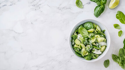 Overhead view of a fresh green salad with spinach, cucumber, and creamy dressing, served in a white bowl on a elegant marble background with scattered basil leaves and lime wedge
