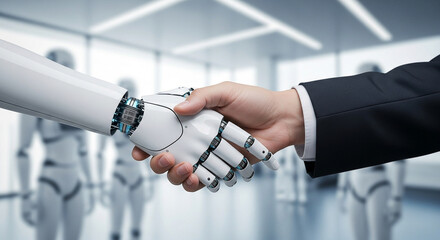 Successful Partnership Featuring a Human Handshake with a Robot Hand, Symbolizing Collaboration and Future Technology