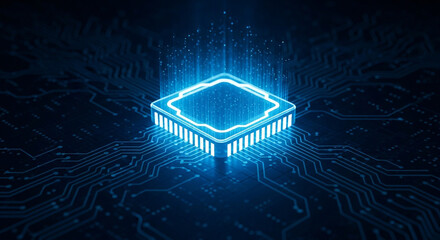 Luminous Microchip on Circuit Board, Representing Advanced Technology, Artificial Intelligence