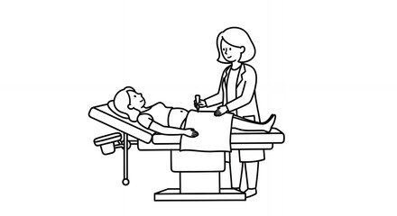 Black and White Line Art of Medical Ultrasound Examination Featuring Patient and Healthcare Professional in a Clean Clinical Setting with Hand Drawn Style Medical Illustration