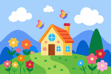 Fototapeta premium Summer landscape illustration featuring a charming house on a grassy hill, surrounded by trees and flowers under a sunny sky