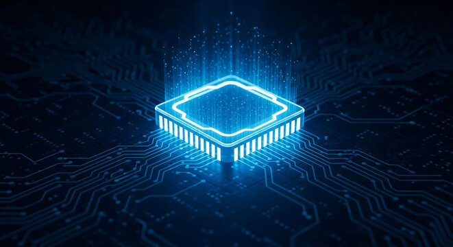 Luminous Microchip on Circuit Board, Representing Advanced Technology, Artificial Intelligence