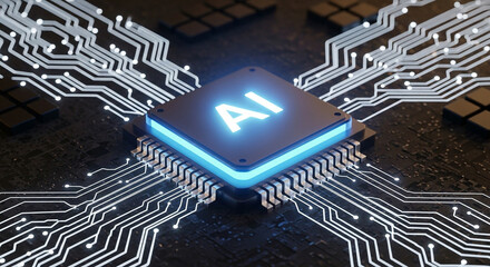 Futuristic 3D Render of a Glowing AI Microchip with Circuitry, Symbolizing Artificial Intelligence and Advanced Computing Technology