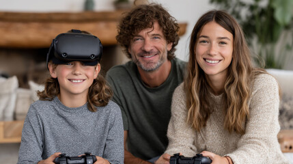 Family Enjoying VR Gaming Together Smiling Modern Technology.