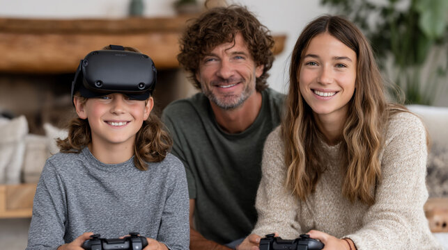 Family Enjoying VR Gaming Together Smiling Modern Technology.