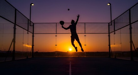 Dynamic Silhouette of Padel Player Jumping to Hit Ball at Sunset on Outdoor Court