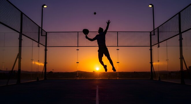 Dynamic Silhouette of Padel Player Jumping to Hit Ball at Sunset on Outdoor Court