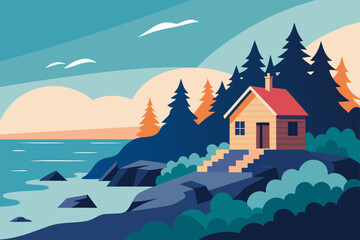 Naklejka premium Cartoon illustration of a whimsical castle on a snowy mountain, overlooking a cozy village with scattered homes under a starry winter sky