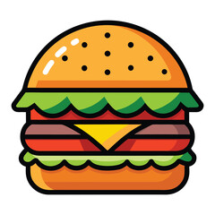 Vibrant cartoon illustration of a delicious double cheeseburger with lettuce tomato and cheese presented as a clean graphic isolated on white background