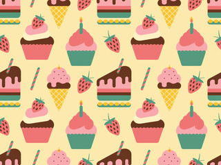 Vector art of seamless pattern with cupcakes, cakes, strawberries, and ice cream cones for a birthday celebration on a light yellow background