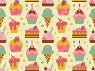 Vector art of seamless pattern with cupcakes, cakes, strawberries, and ice cream cones for a birthday celebration on a light yellow background