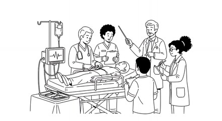 Comprehensive Medical Care Scene Depicting a Doctor Examining a Patient Surrounded by Medical Staff with Bedside Medical Equipment in Detailed Hand Drawn Medical Sketch Style