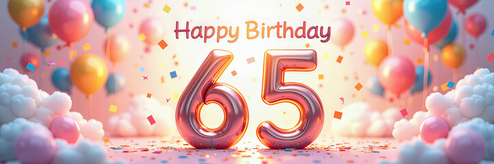 Greeting card for 65 years. A festive scene with colorful balloons, confetti, and clouds. Happy Birthday 65.