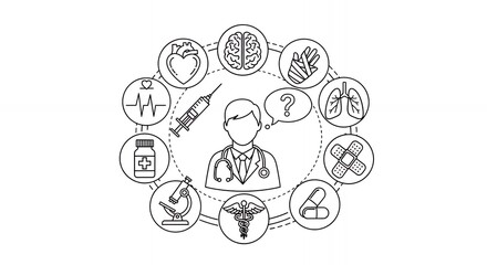 Comprehensive Medical Illustration Featuring Doctor Surrounded by Diverse Diagnostic and Treatment Icons in Black and White Sketch Style, Ideal for Healthcare Design medical,hand,drawn, sketch, line