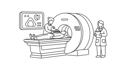 CT Scan Setup Medical Illustration Featuring Patient Examination Procedure in a Clean Black and White Minimalist Style with Doctor and Nurse Assisting, Hand Drawn Sketch in Line Art Style, Monochrome