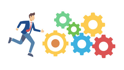 A businessman is running towards a group of colorful gears, symbolizing success, motion, and the pursuit of corporate strategy and innovative solutions
