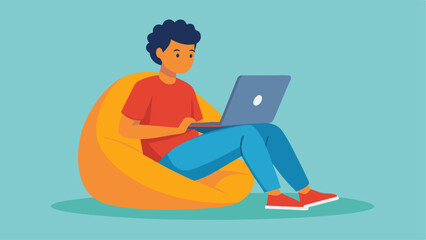 A student sitting on a bean bag chair with a laptop open on their lap taking advantage of the casual seating options.