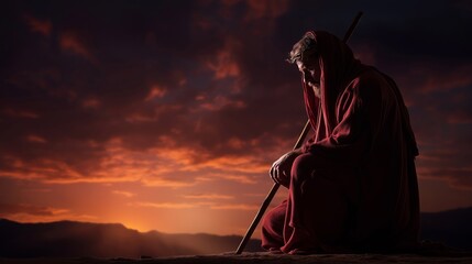 Man in red robe and crown of thorns kneels with staff at sunset in solemn reflection