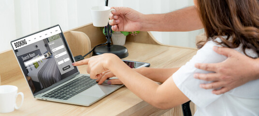 Online hotel accommodation booking website provide modish reservation system . Travel technology concept .