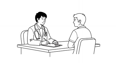 Detailed Black and White Line Art of Doctor Consulting with Patient Seated at Desk Illustration Medical Professional Hand Drawn Sketch Style Outline Design Isolated on White Background