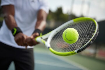 Close-up of a man holding a tennis racket and hitting a green ball with it, with the focus on his hand and a blurred background of a playing field Generative AI
