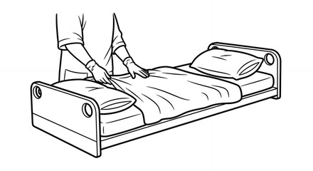 Detailed Black and White Line Art of Hand Making a Bed with Pillows and Sheets in a Simple Style, Clean Bedding, Domestic Scene, Household Chore,medical,hand,drawn, sketch, line art