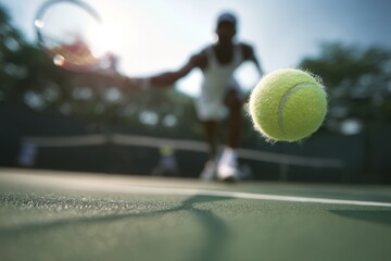 Close-up of a tennis player serving the ball, with a blurred background Generative AI