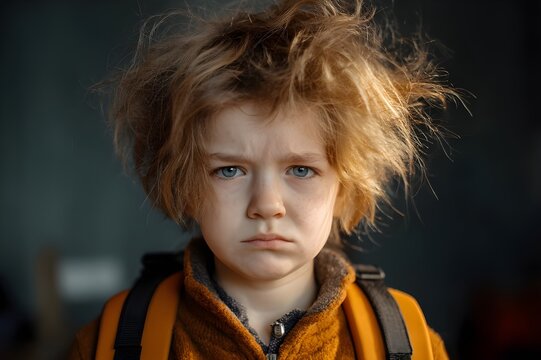 Sad boy standing alone in a school hall, concept of bullying and social exclusion in school. Lonely child. Depressed young boy feeling excluded and alone. Child alone 