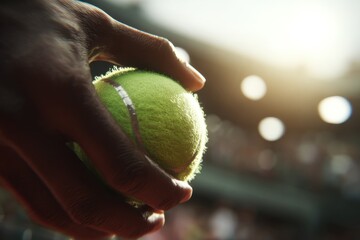 Close-up of a tennis player serving the ball, high-angle view, with the green court blurred in the background Generative AI