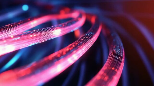 Fiber optic cables transferring data with glowing light trails