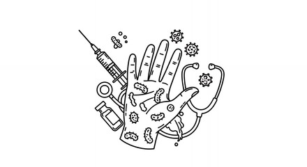 Detailed Hand Drawn Monochrome Illustration Featuring Medical Equipment such as Syringe and Stethoscope Surrounding a Human Hand, Isolated on White Background in Medical Style, sketch, line art
