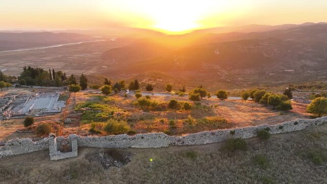 Sunset over the ruin of antic Illyrian city Bylis, Albania.