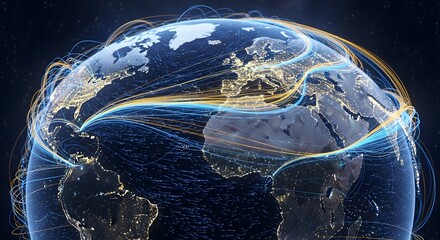 Abstract representation of global connectivity and data flow visualization around the world, Detailed illustration of global communication networks and data transfer