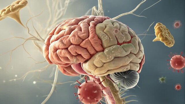 Animated human brain with viruses attacking neurons showcasing neurological disease and mental health complications in dynamic motion