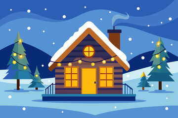 A festive Christmas village landscape with a charming house nestled in the snow, decorated for the holiday season