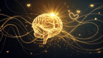 Boost mental health with dynamic golden brain energy featuring hearts, promoting intelligence and awareness for your wellness project