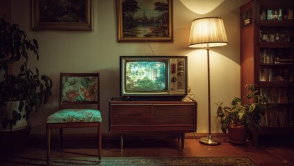Retro TV Showing Nature Scene in Vintage Living Room