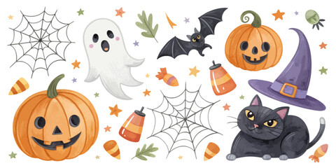 Halloween Watercolor Elements – Pumpkins, Ghosts, and Bats Set