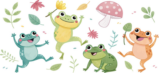 Naklejka premium Whimsical Watercolor Frogs – Colorful Frogs in Playful Poses