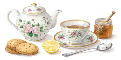 Tea Time Essentials &ndash; Watercolor Set of Teapots, Cups, and Treats