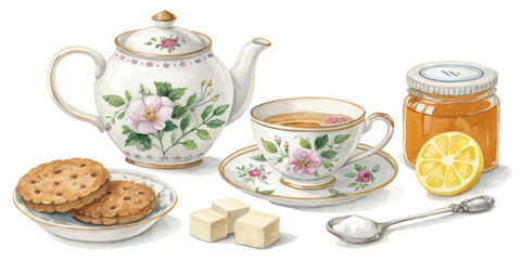 Tea Time Essentials &ndash; Watercolor Set of Teapots, Cups, and Treats