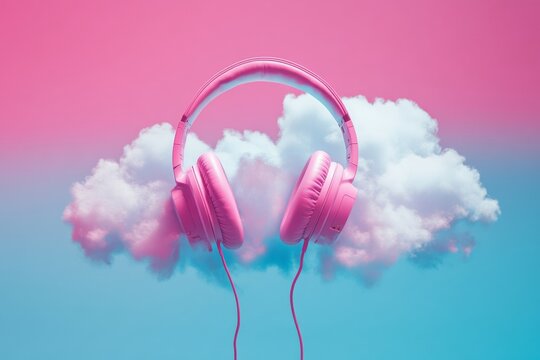 Pink headphones floating on a pink cloud against a gradient background. Modern, futuristic digital art representation of audio technology.