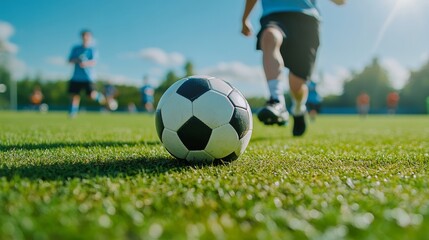 Fototapeta premium A group of young men playing soccer on a sunny day. One player in the foreground kicking a black and white ball.