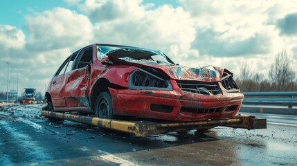 A damaged red car with crumpled metal and smashed windows, indicating a severe collision on the highway. Emergency response may be required to deal with injuries and road repairs.