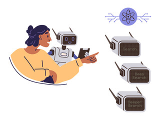 Fototapeta premium Woman pointing with a robot holding a device, rows of AI-powered search interfaces, symbol of science at top. Ideal for AI, innovation, learning, teamwork, search science automation. Modern flat