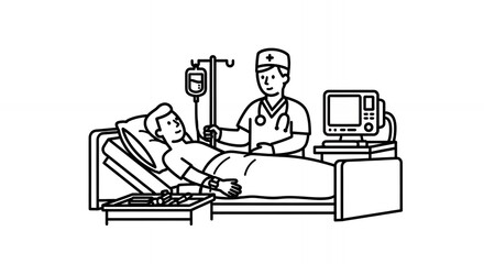 Doctor Assisting Patient in Hospital Bed with IV Drip and Monitor in Black and White Clean Line Art Style, medical hand drawn sketch line art outline doodle minimal minimalistic black white simple