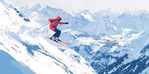 Outdoor winter activity, skier in red ski suit and black boots gliding down snowy slope with skis.