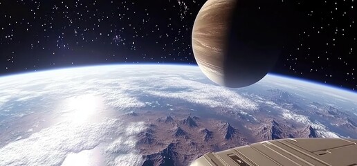Spaceship views Earth & gas giant; stars in background; science fiction travel