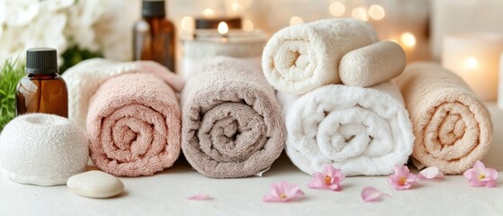 Spa treatment Rolled towels, oils, candles, flowers. Relaxation, wellness