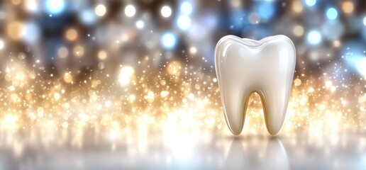 Sparkling clean tooth on shiny surface, festive background. Dental health concept